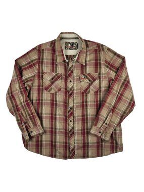 Mossy Oak Mens Western Shirt Pearl Snap Red Tan Plaid XXL Cotton Poly Button Up